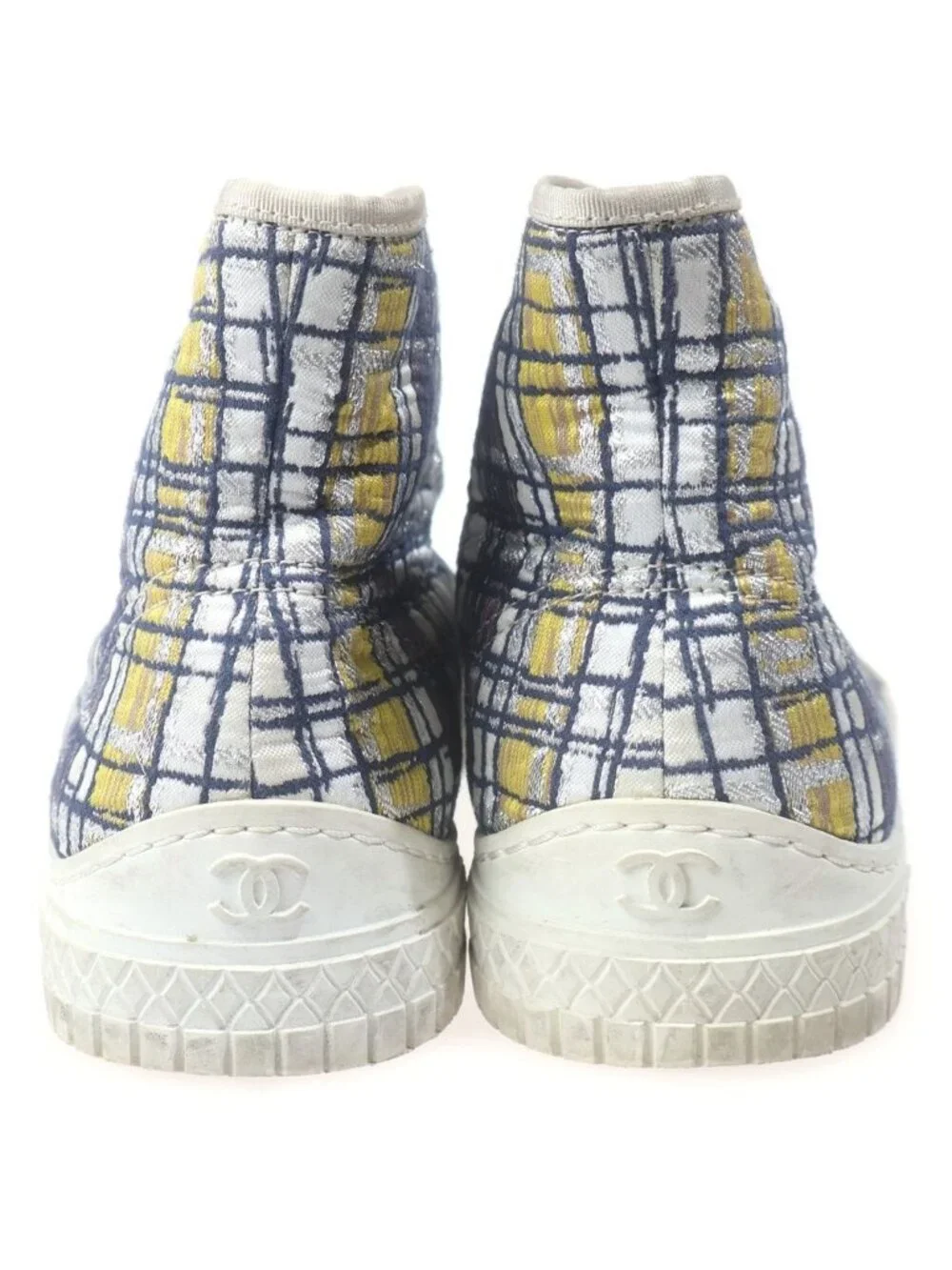 Chanel Tweed CC Logo High Cut Sneakers Silver